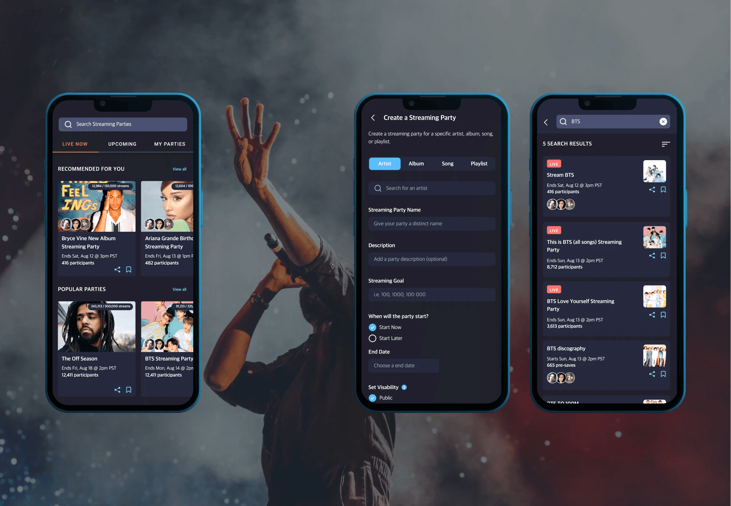 Streaming party key screens including creating a party