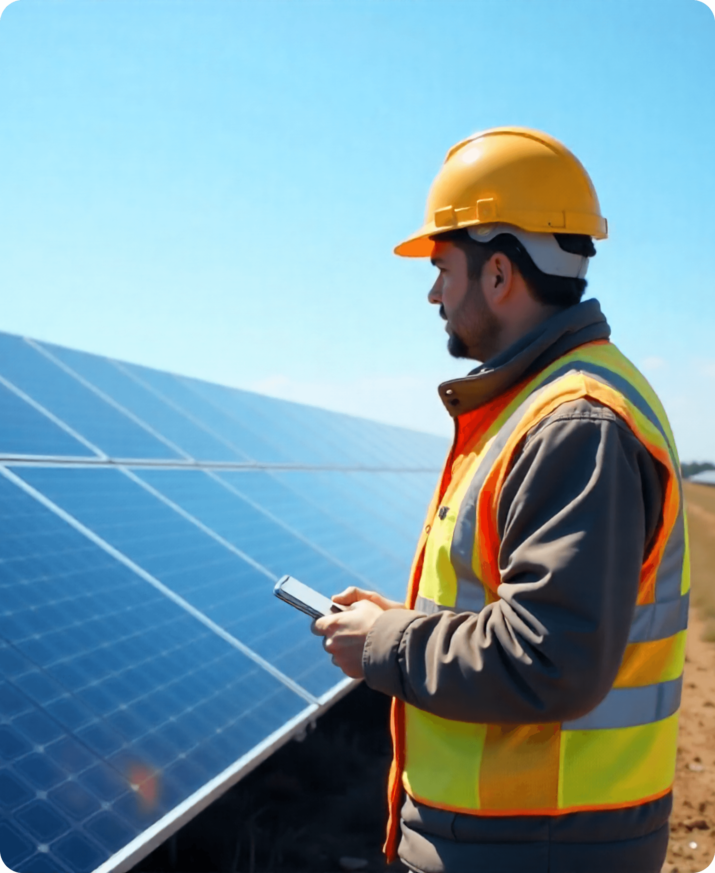 Engineer inspecting solar panels at a solar power site under clear blue sky, wearing safety helmet and high-visibility vest