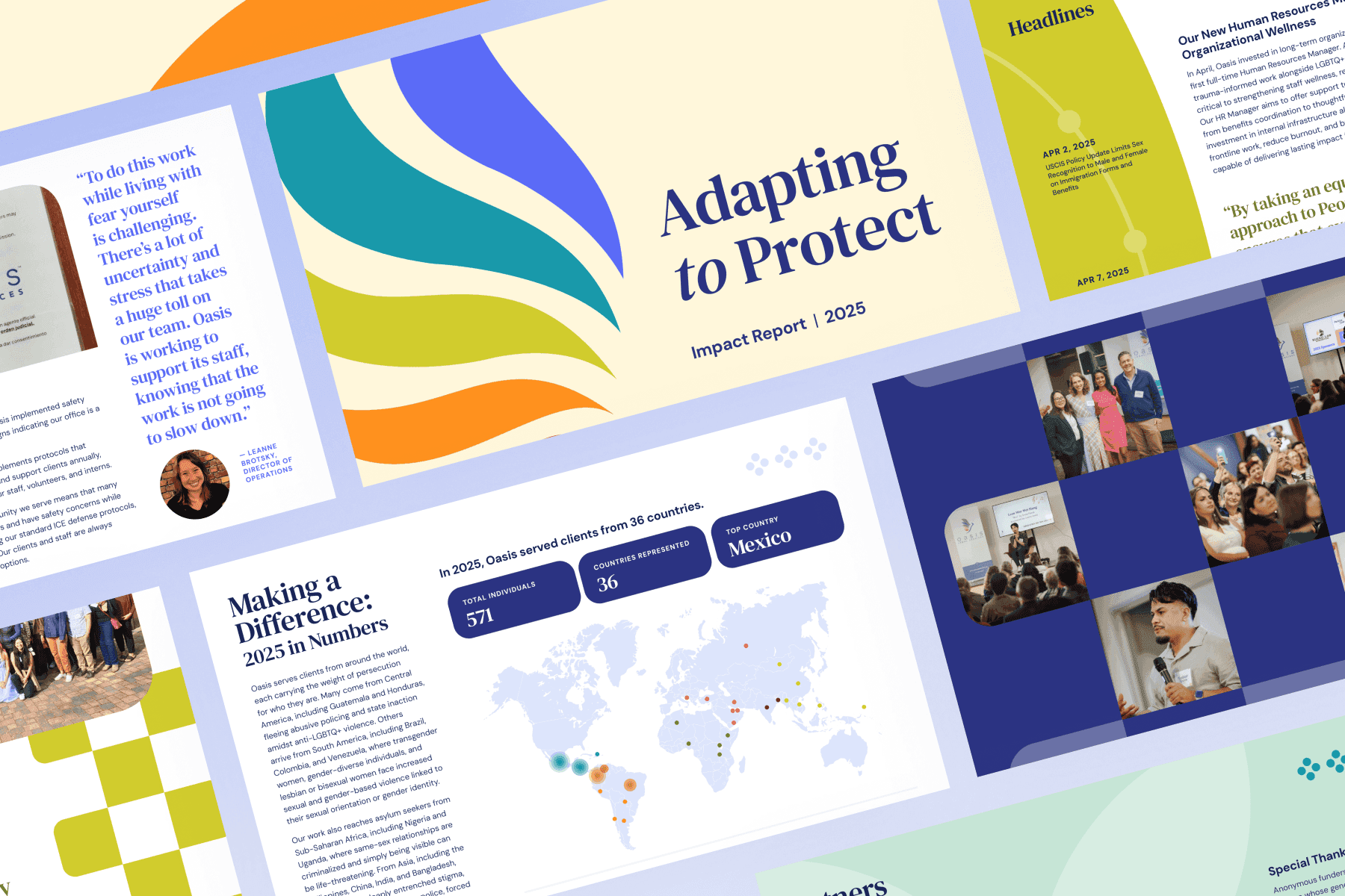 The image displays an impact report titled "Adapting to Protect" for 2023, featuring colorful graphics, a world map highlighting Mexico, and sections on headlines, statistics, and community images.