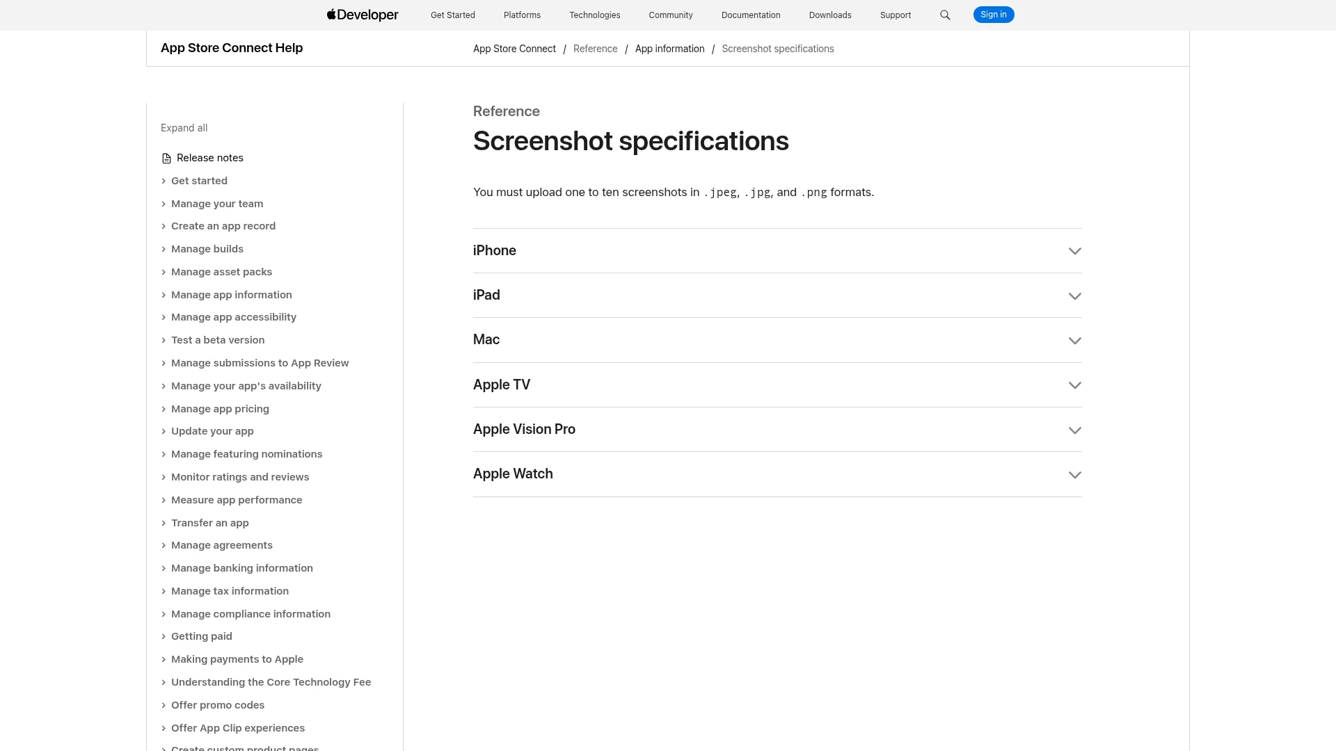 Apple screenshot specifications reference page in App Store Connect Help