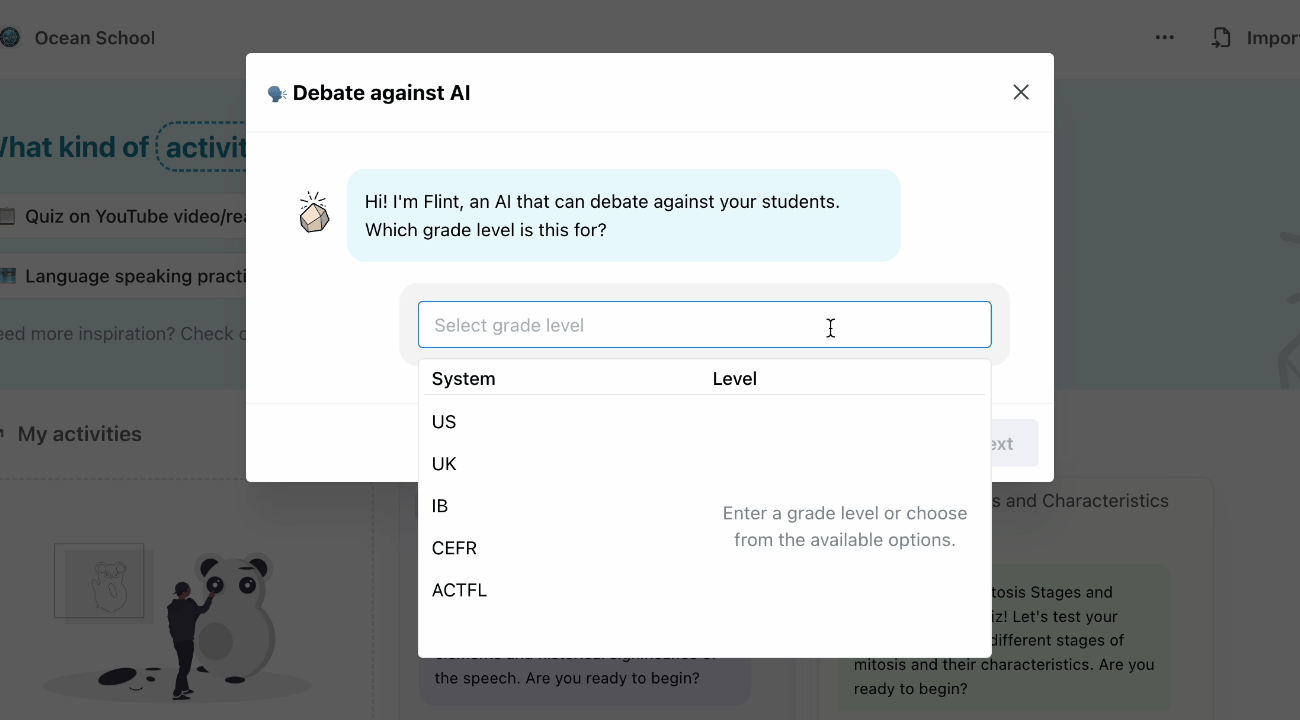 Gif showing how IB levels are now available in the grade selector and how this sets the grading rubric to be 1-7 as well.