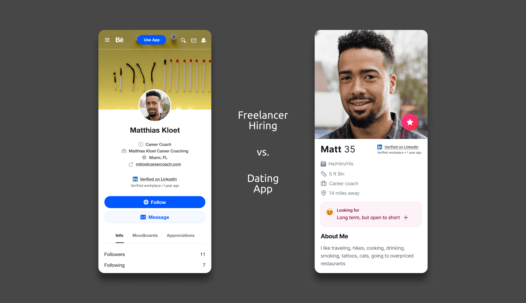 Side by side of a verified freelance hiring profile vs. verified dating app. profile