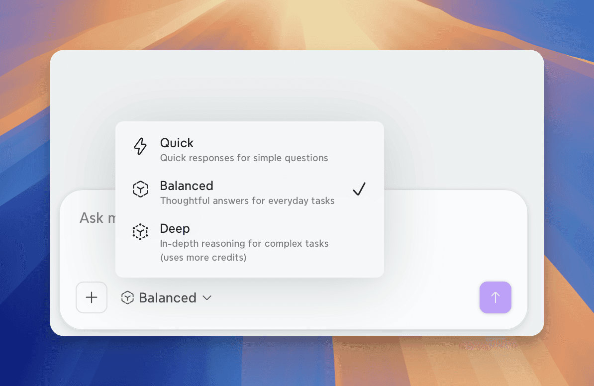 Show the response mode selector with Quick, Balanced, and Deep.