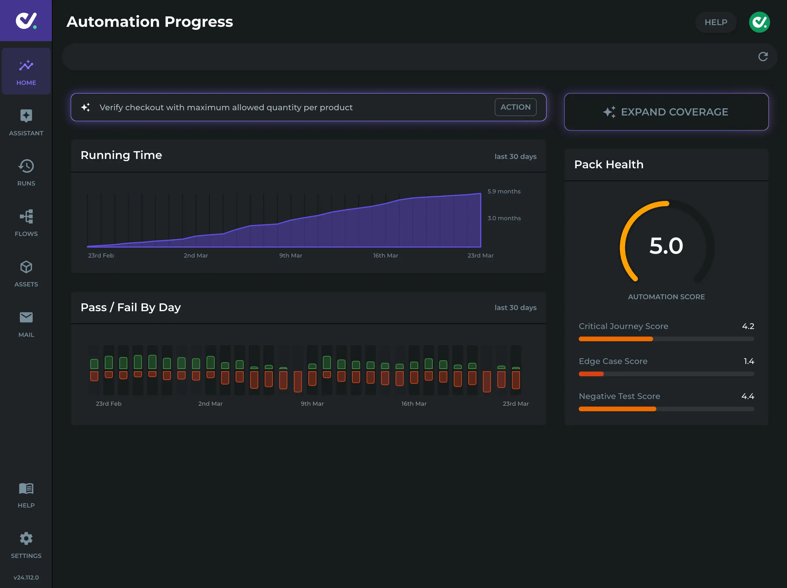 DoesQA automation dashboard showing automation score, running time chart, test pass and fail history, and pack health metrics.