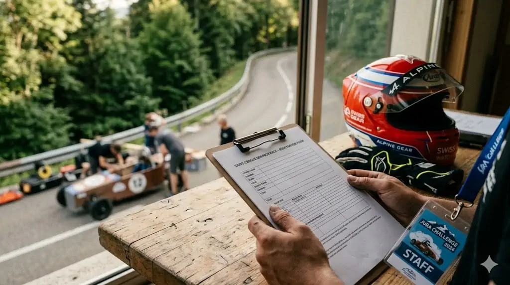 Formulaire d'inscription tenu sur un clipboard avec casque de course et bolide de speed down en préparation à St-Cergue