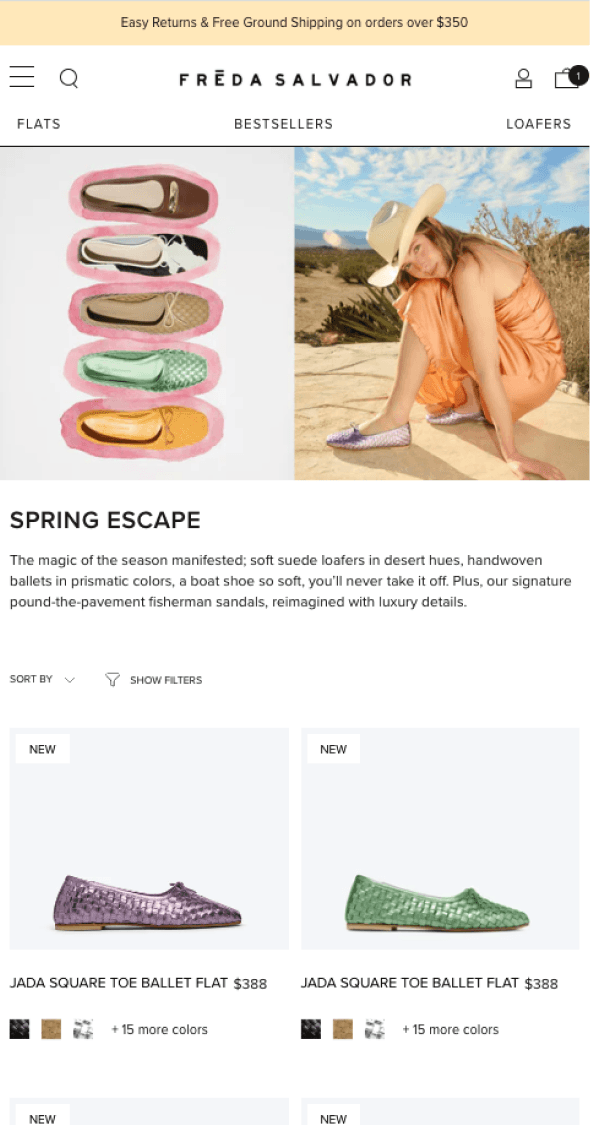 Mobile collection page for Freda Salvador featuring seasonal footwear styles