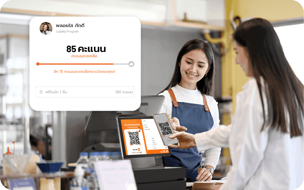 A Thai café customer scanning a QR code at StoreHub POS to check membership points and redeem rewards.