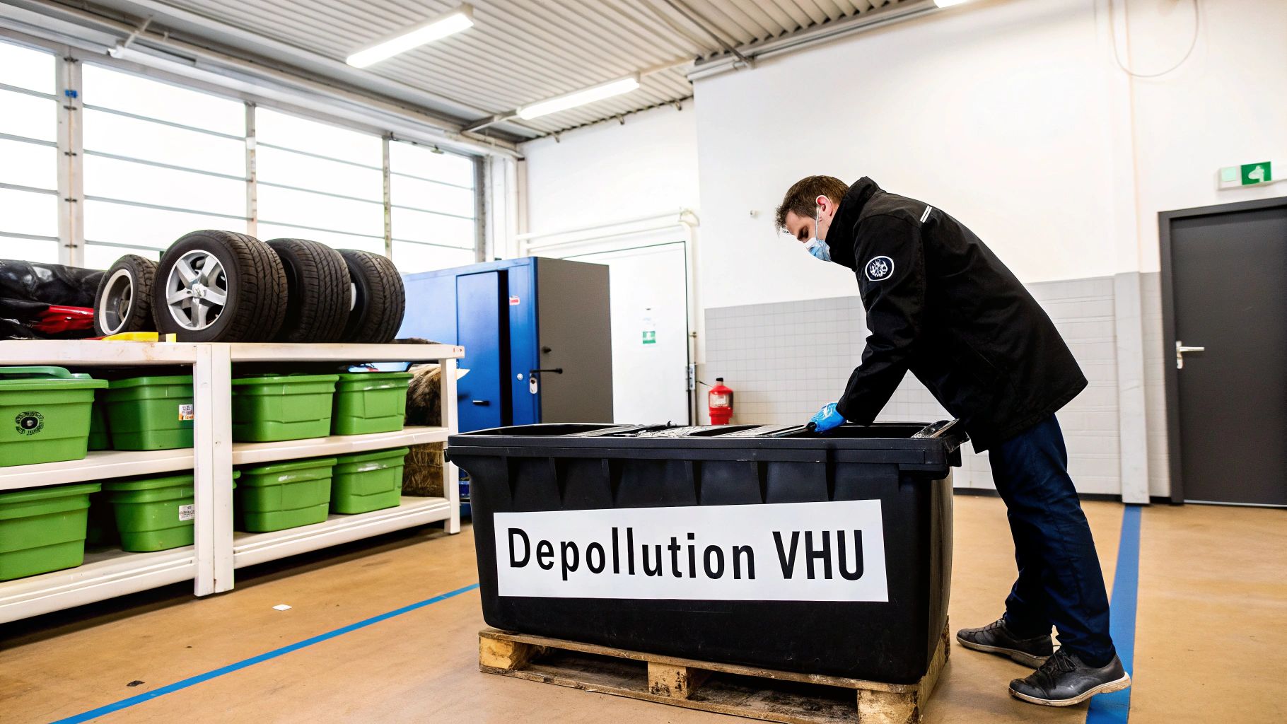 Un homme en masque et gants inspecte une poubelle de dépollution VHU dans un atelier de recyclage.