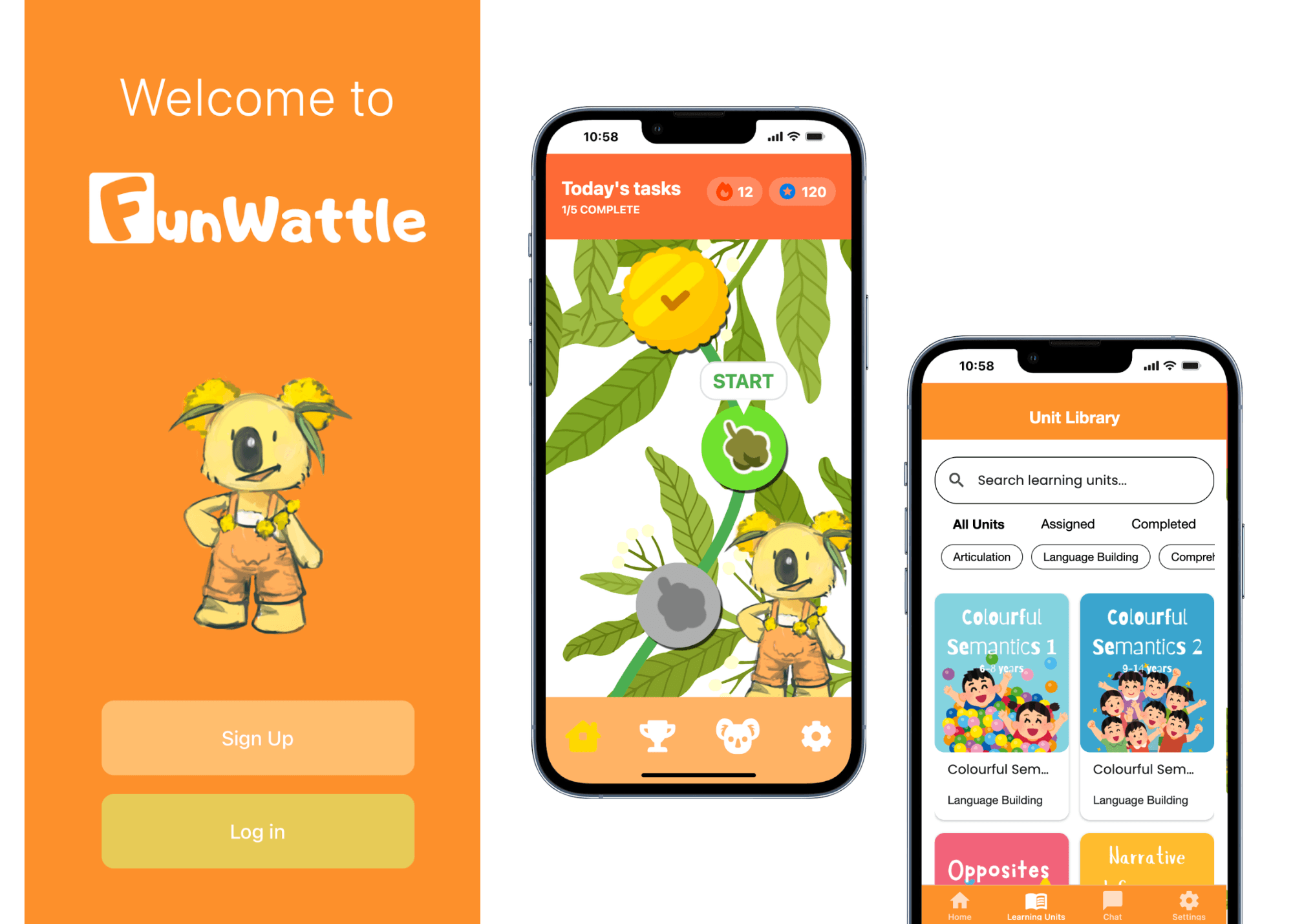 Mobile screens from the completed FunWattle app