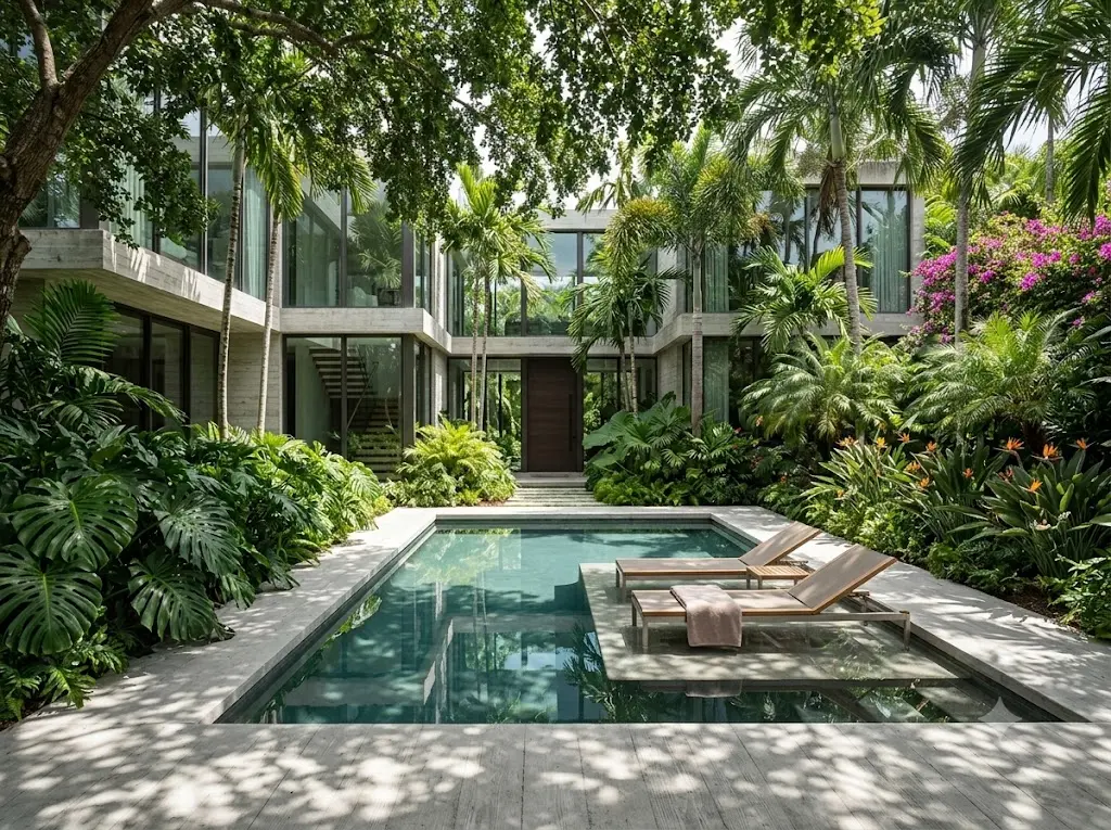 Modern glass-fronted estate featuring a tranquil courtyard pool with an in-water sun deck and lounge chairs, surrounded by lush tropical landscaping and vibrant flowers