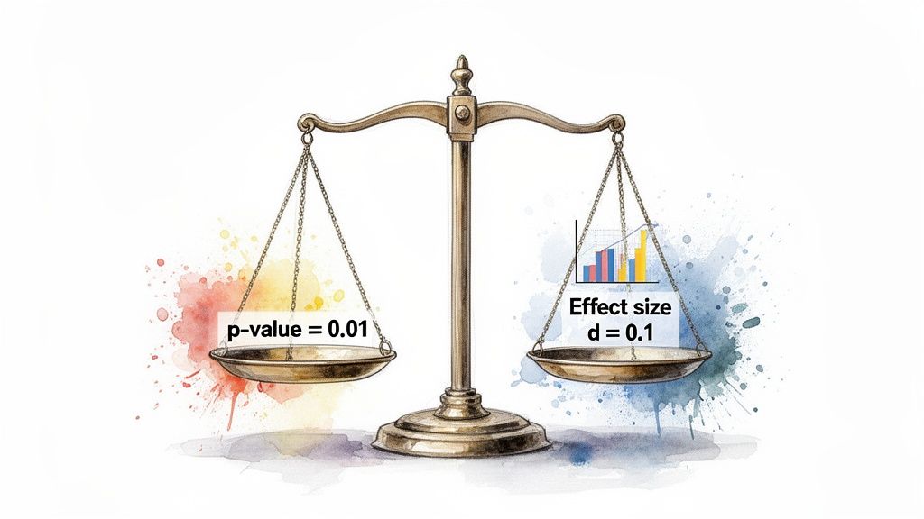 A balanced scale comparing p-value (0.01) and effect size (d=0.1) with a bar chart.