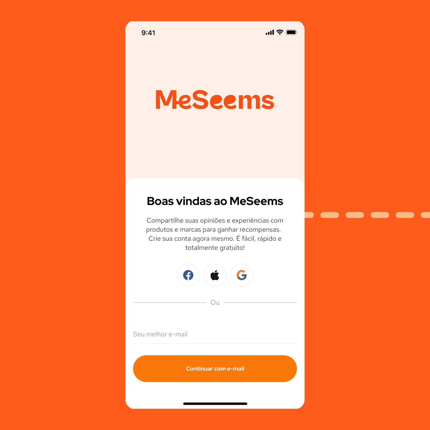 Tela de inscrição do aplicativo MeSeems com opções de cadastro por redes sociais e email