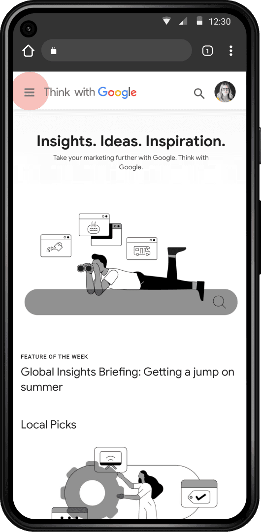 Mobile screen display of the Think with Google home page