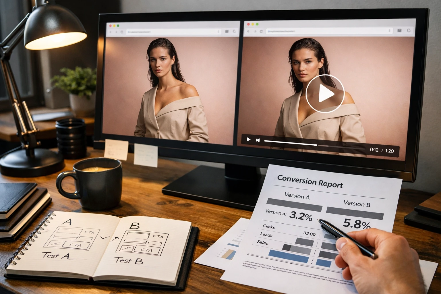 A/B testing setup comparing static and video homepage versions with conversion metrics
