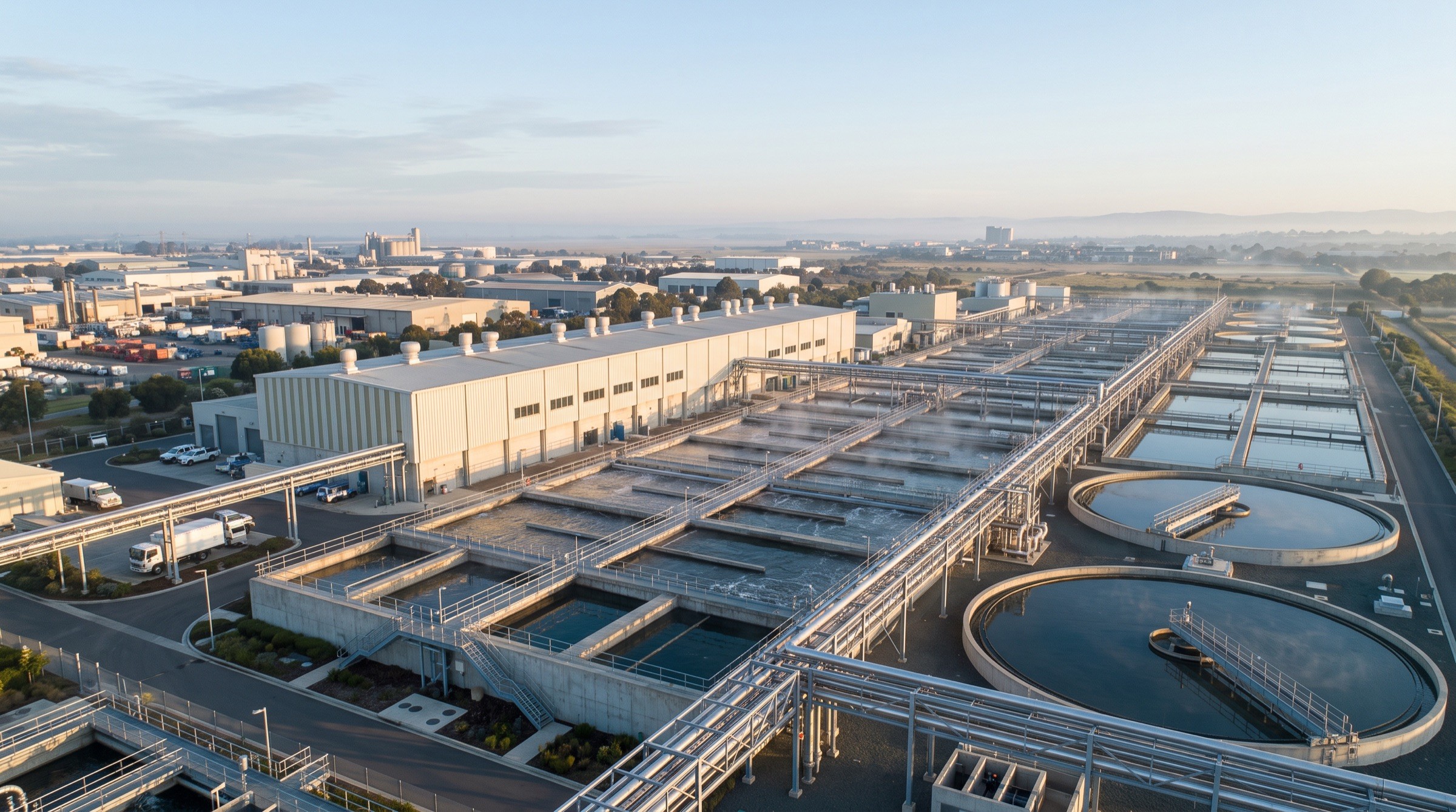 Oblique aerial view of a water reuse plant at dawn