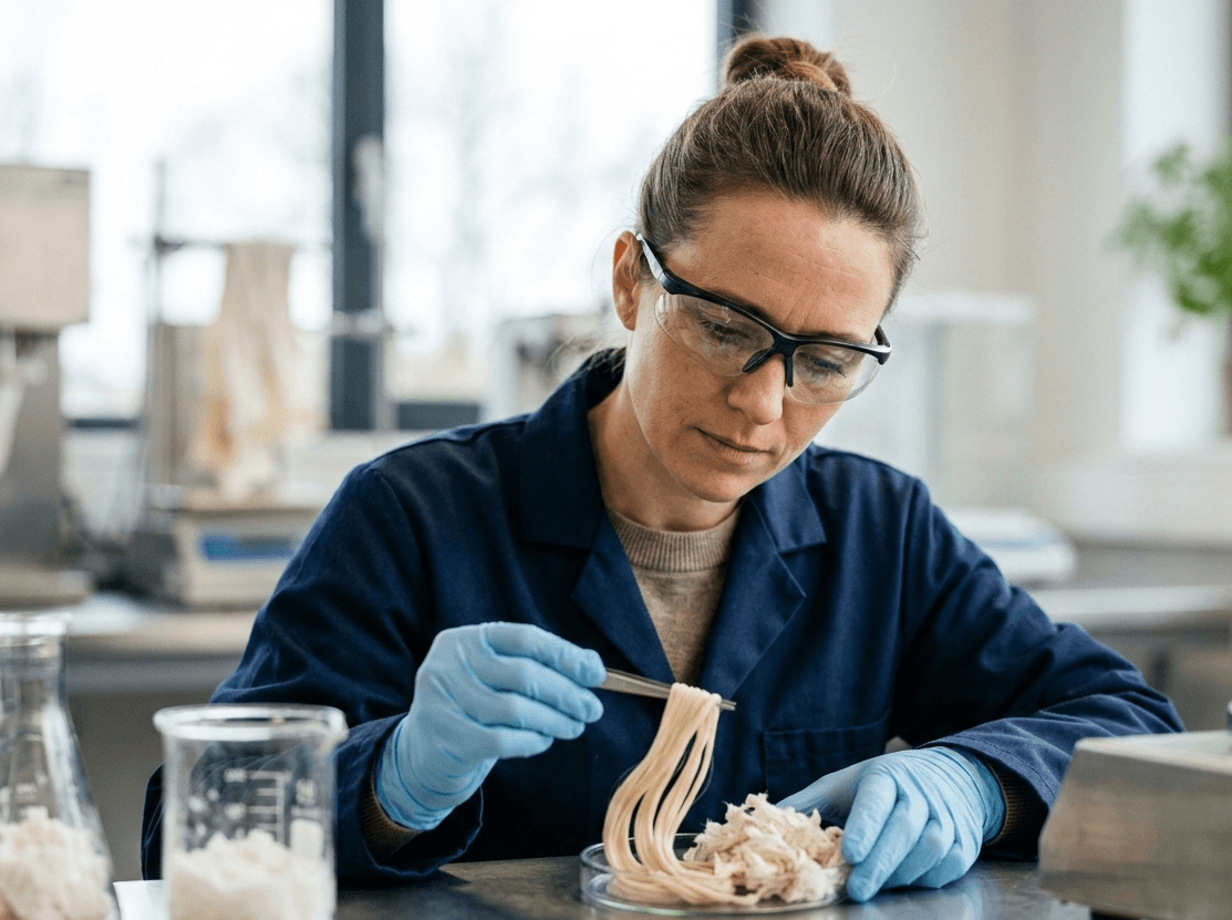 A portrait-style close-up photo of a scientist or researcher thoughtfully working with green clean technology and textiles in a modern laboratory setting, highly detailed, professional lighting, no text, no logos, no icons