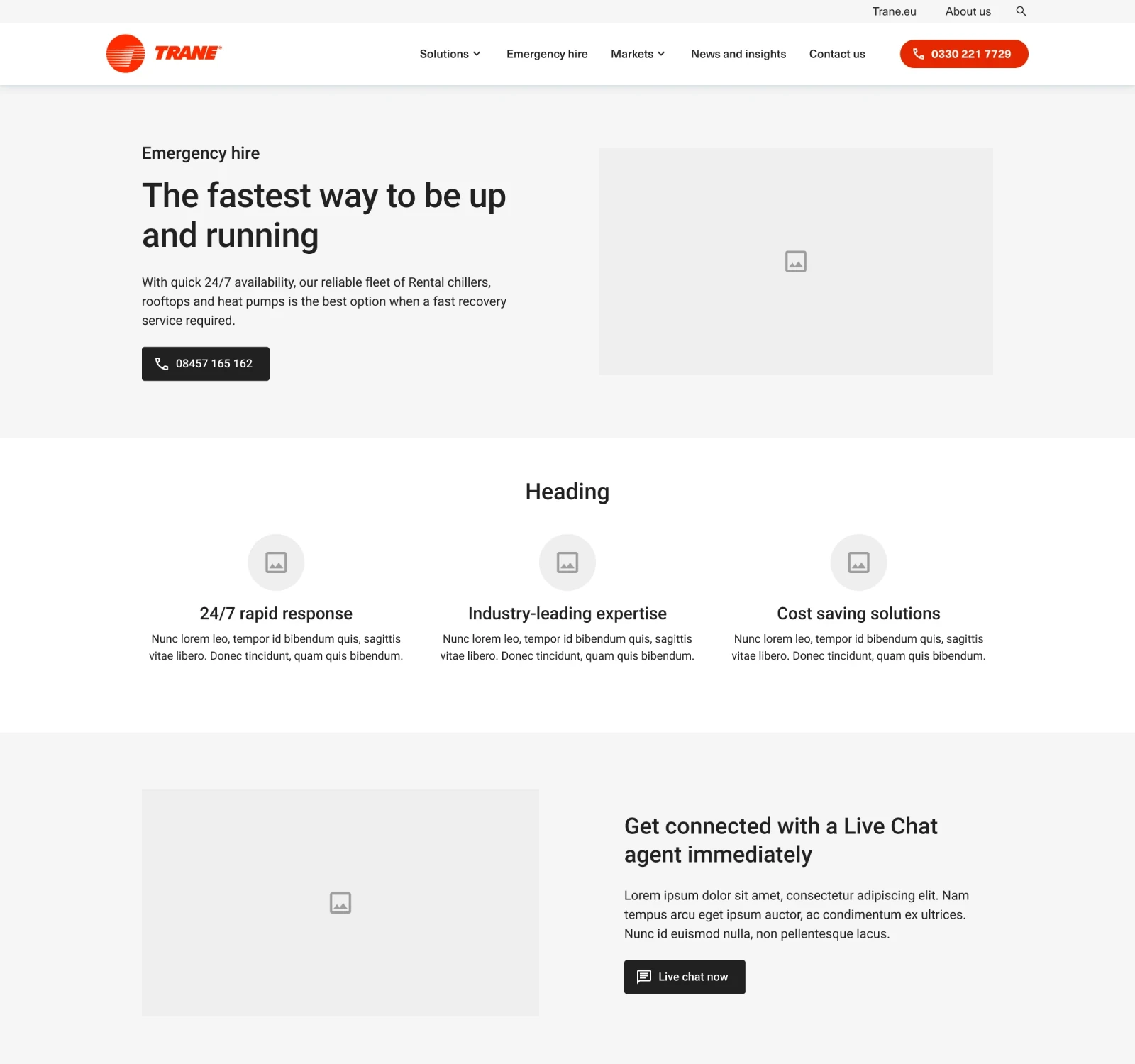 Emergency hire wireframe: The fastest way to be up and running, a call button in the hero, three short reasons, then a live chat block