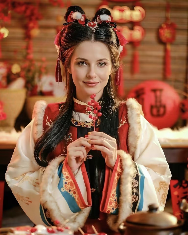 International student in hanfu celebrating Chinese New Year in China