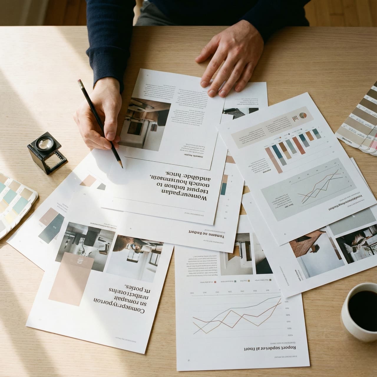 A person reviews design documents and graphs on a wooden table, holding a pencil. The scene suggests focus and analysis, with a coffee cup nearby.