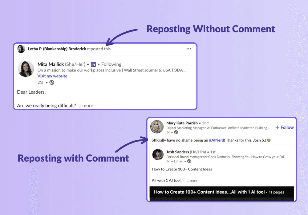 A collage showing the difference between LinkedIn repost types, including an instant repost with no commentary, and a repost with thoughts where a user adds their own perspective