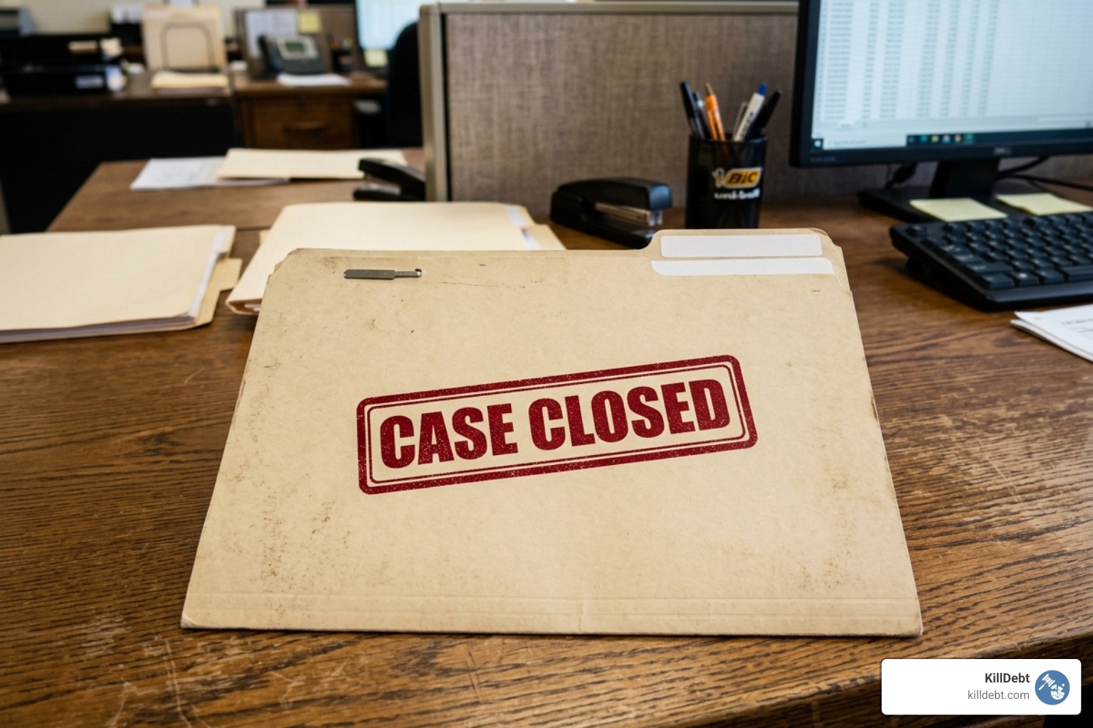 A "Case Closed" stamp on an empty folder representing uncollected debt - civil judgement collection agency