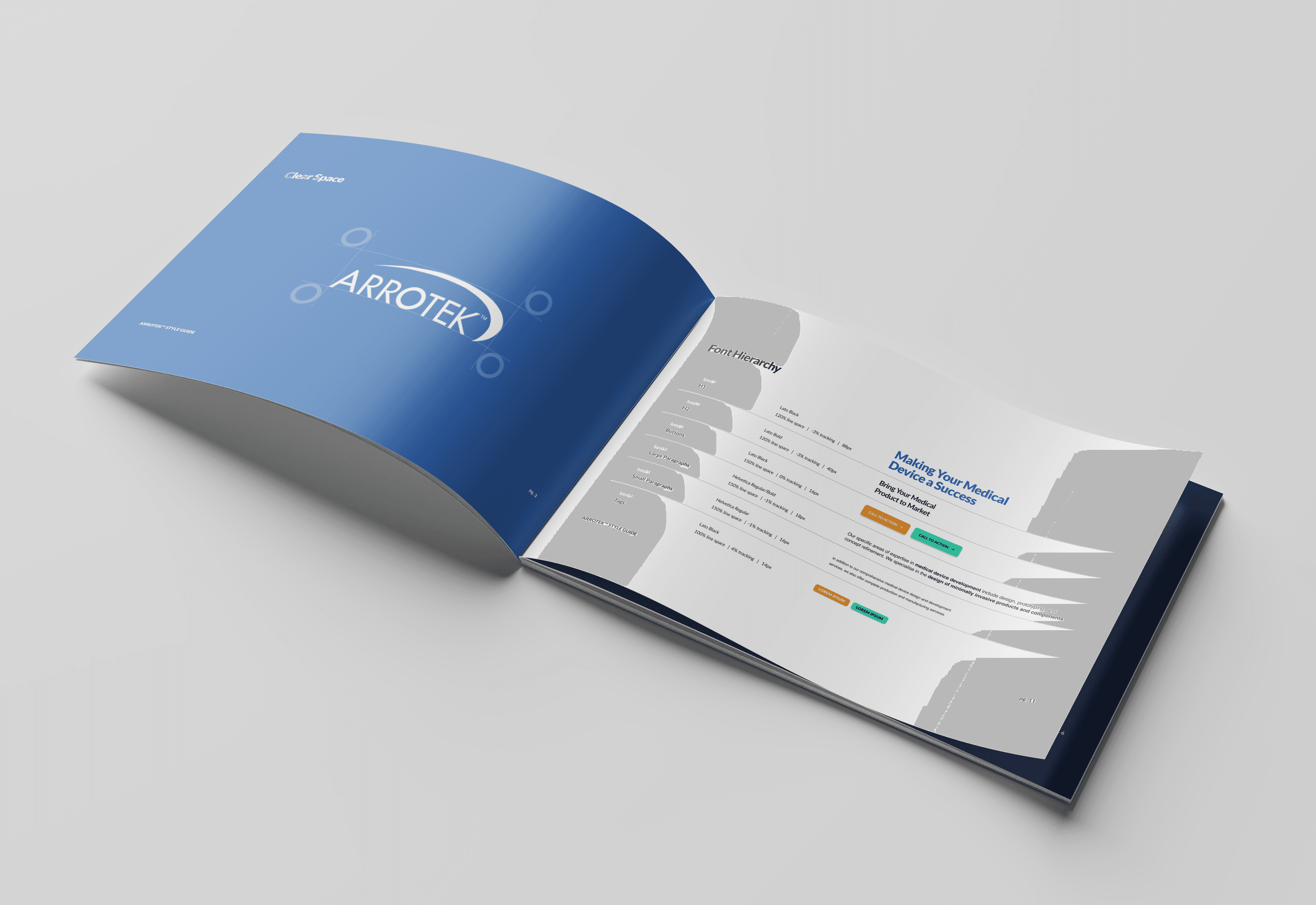 An open brand guidelines booklet displayed on a light gray background. The left page features a blue cover with the Arrotek logo and graphic elements, while the right page shows a layout titled “Font Hierarchy” with structured typography samples, headings, and colored buttons, presenting brand design specifications.