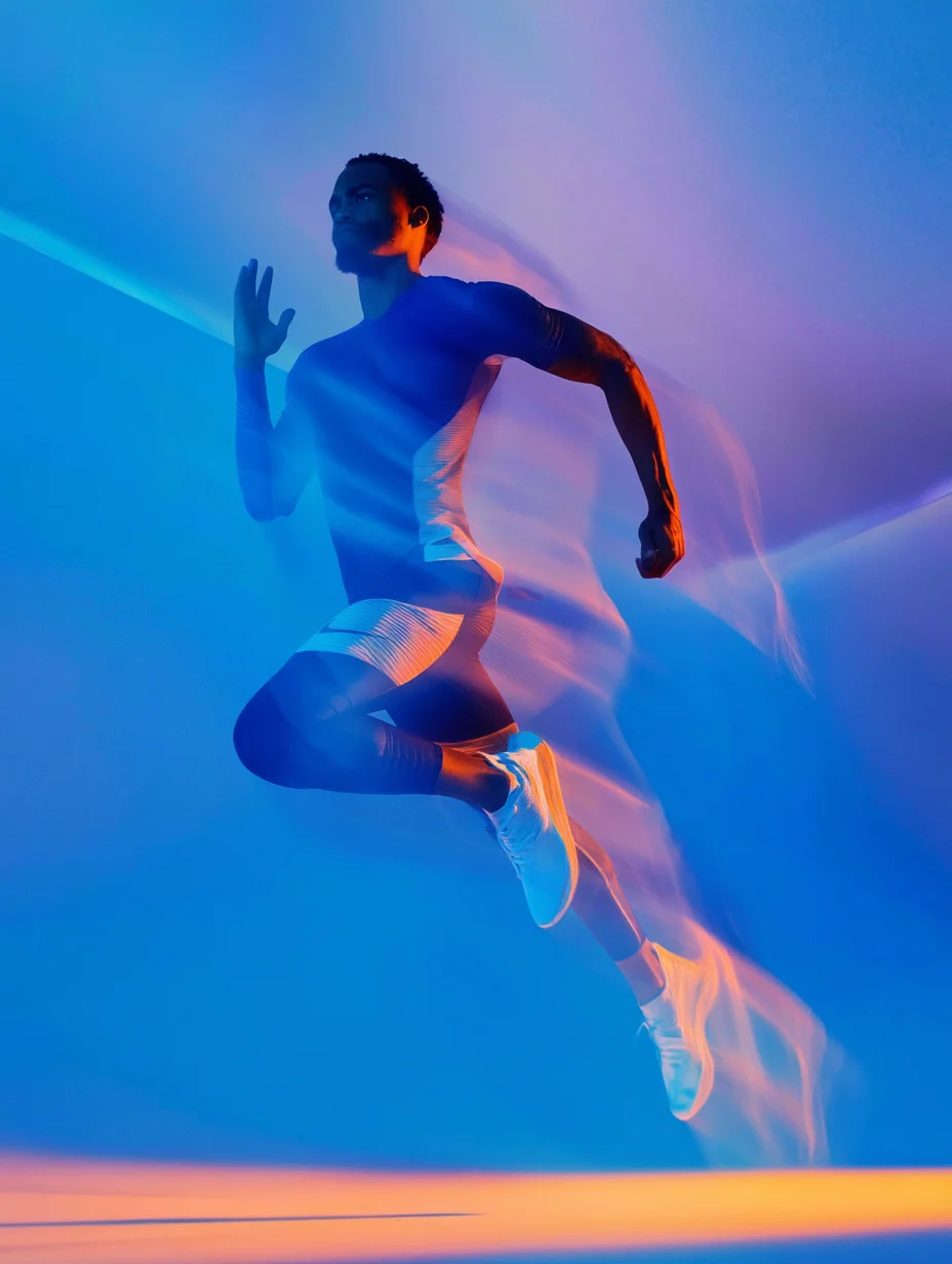 Athlete mid-air sprint with dynamic blue and orange motion trails.