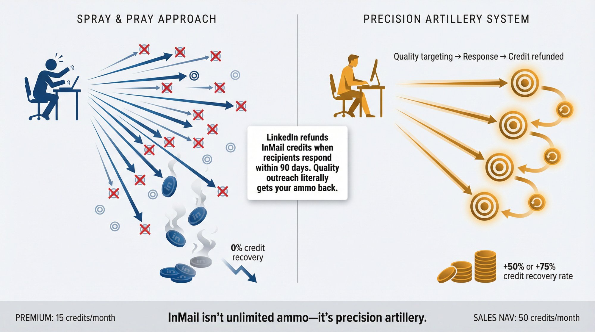 Strategic InMail credit system showing refund loop and precision targeting versus spray-and-pray approach