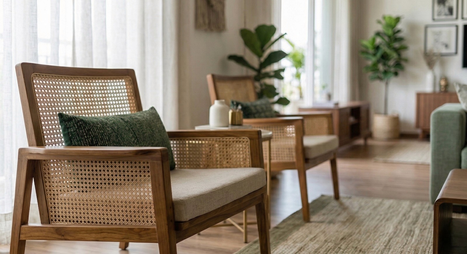 Vintage-modern living room with tufted sofas, false ceiling, and layered warm lighting.