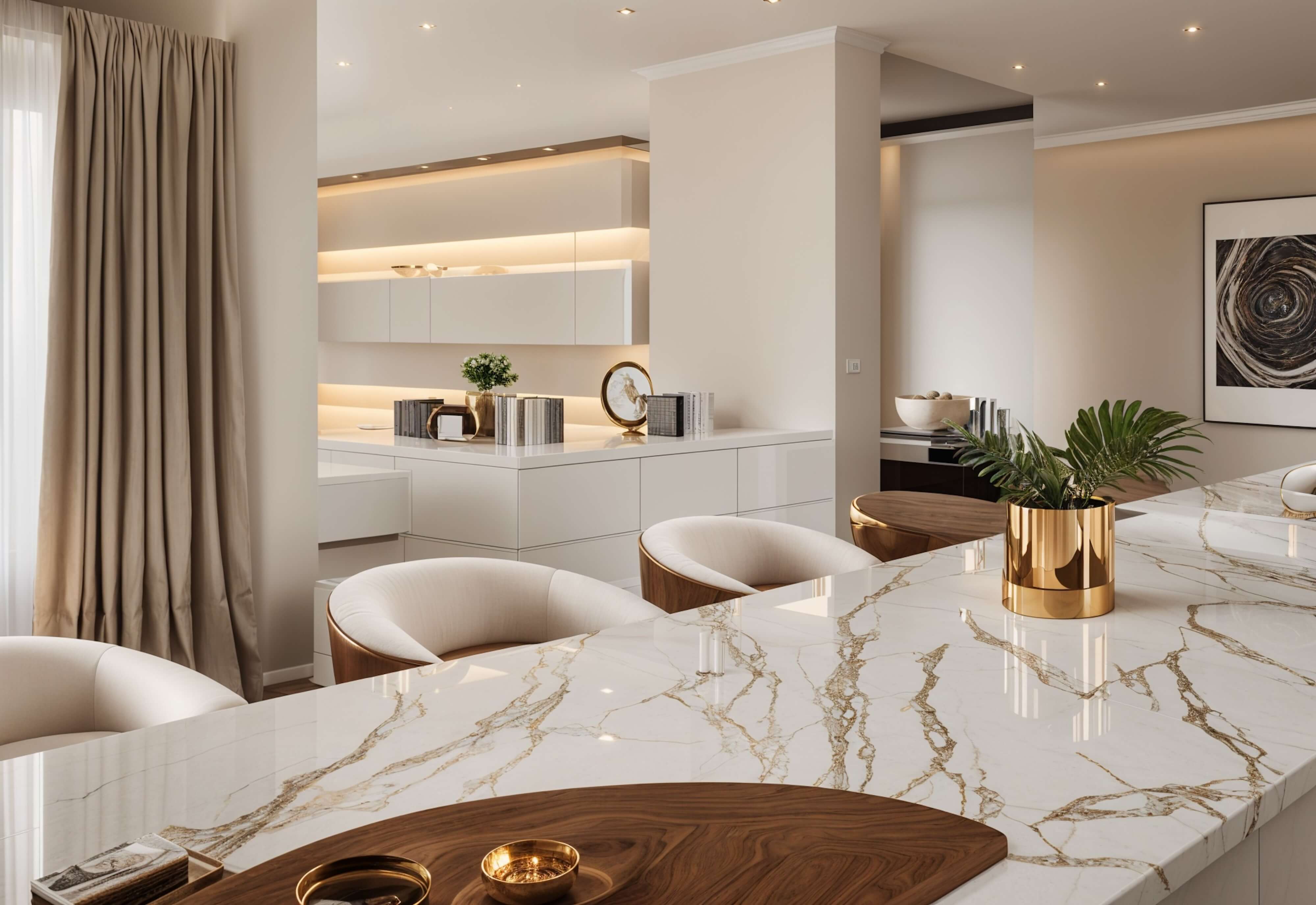 Refined yacht galley with marble surfaces, brass accents, sculptural seating, and curated accessories creating a contemporary, elevated dining mood.