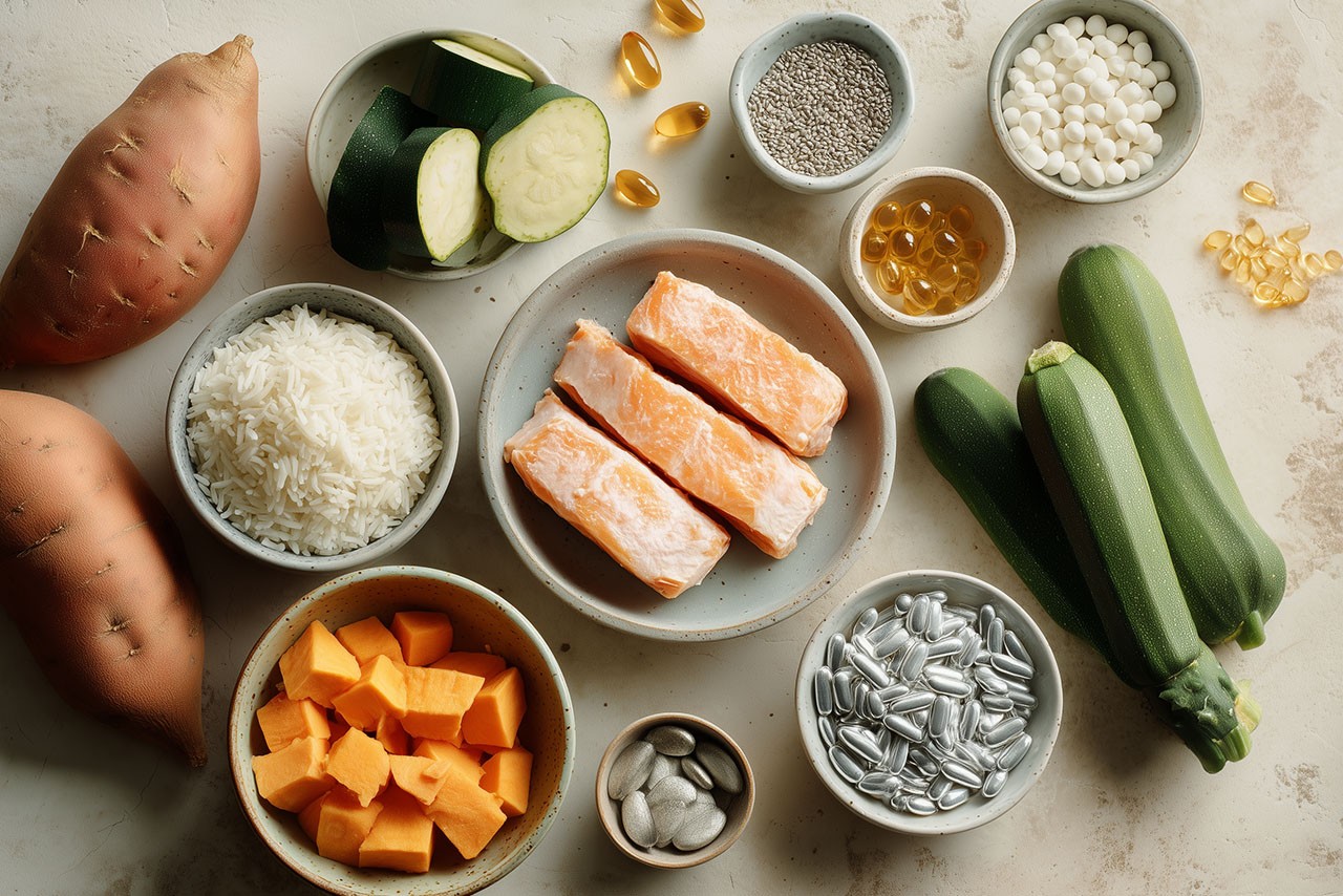 Ingredienti per dieta casalinga per cani allergici: salmone, riso, patate dolci, zucchine, integratori e semi.