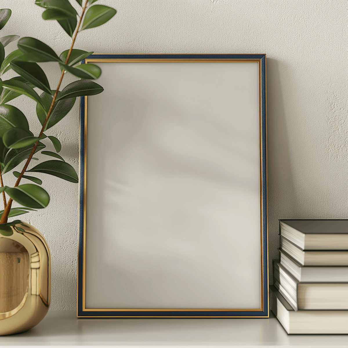 minimal wall with plant and books and a frame