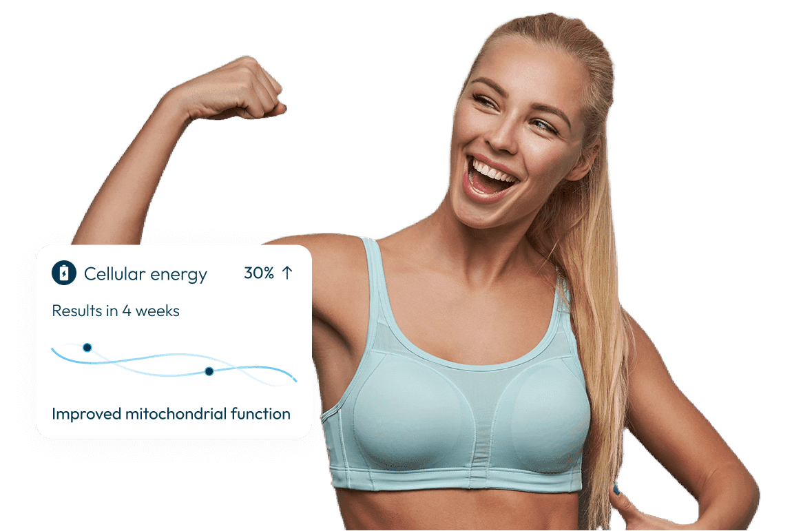 A woman with an illustration of his health metrics improvement