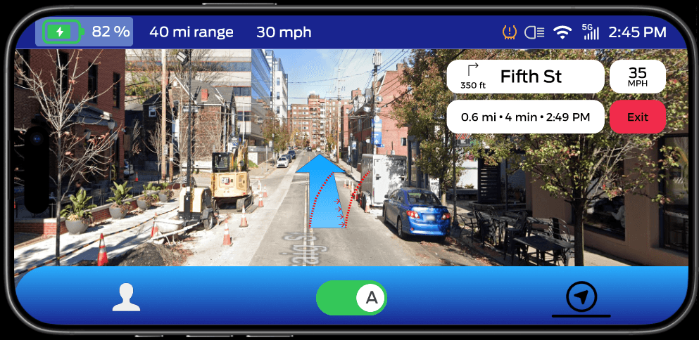 Dashboard navigation screen, with a road view and a blue arrow centered on the road and curved dotted lines leaning to the right of the arrow. Next turn information, speed limit, ride time and distance, and an exit button are all clustered at the top right.