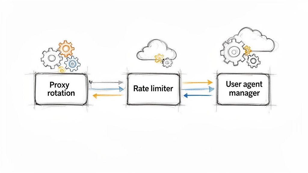 Diagram illustrating proxy rotation, rate limiter, and user agent manager components in a web scraping flow.
