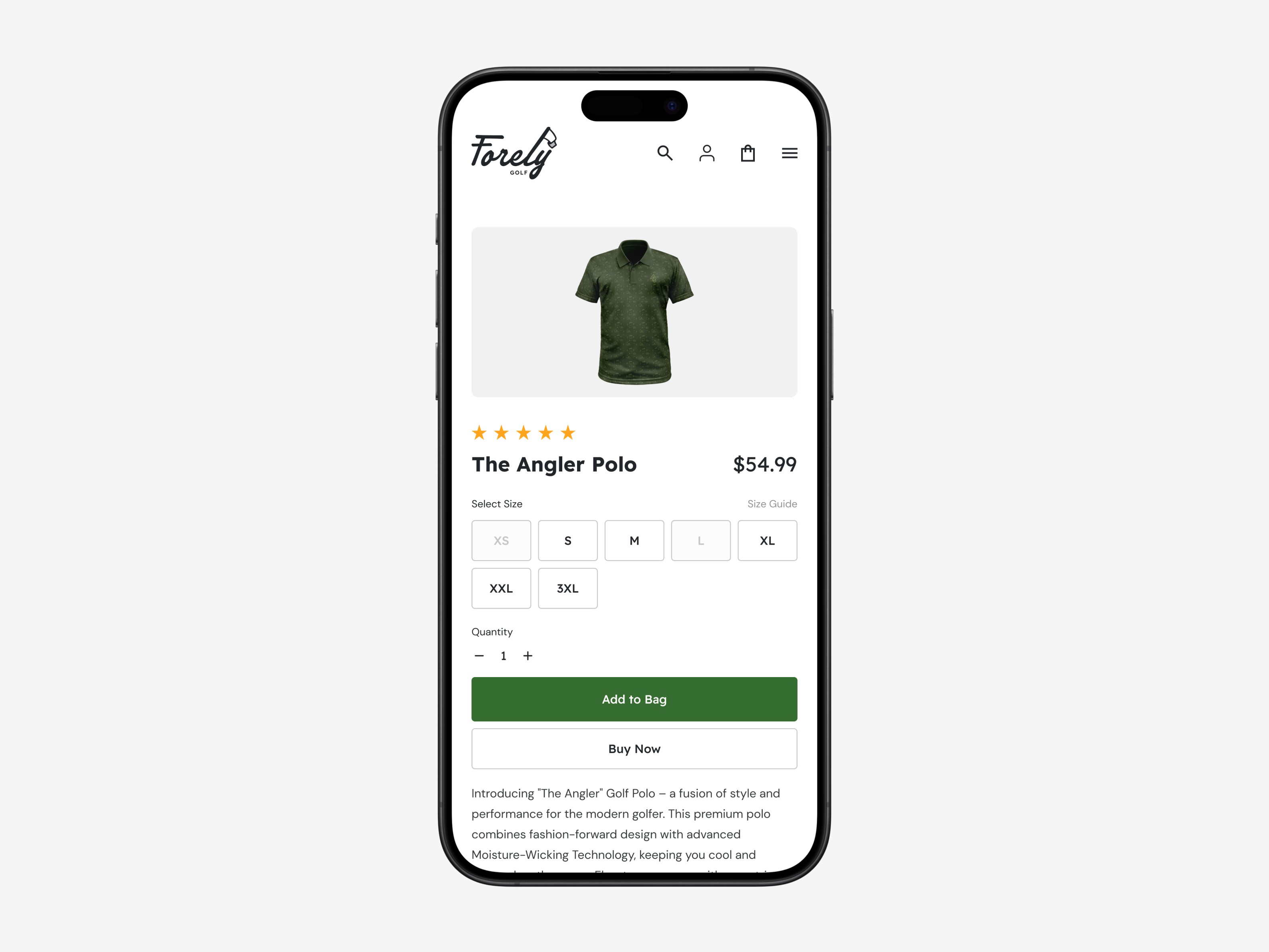 Close up of the mobile product page on the Forely Golf website