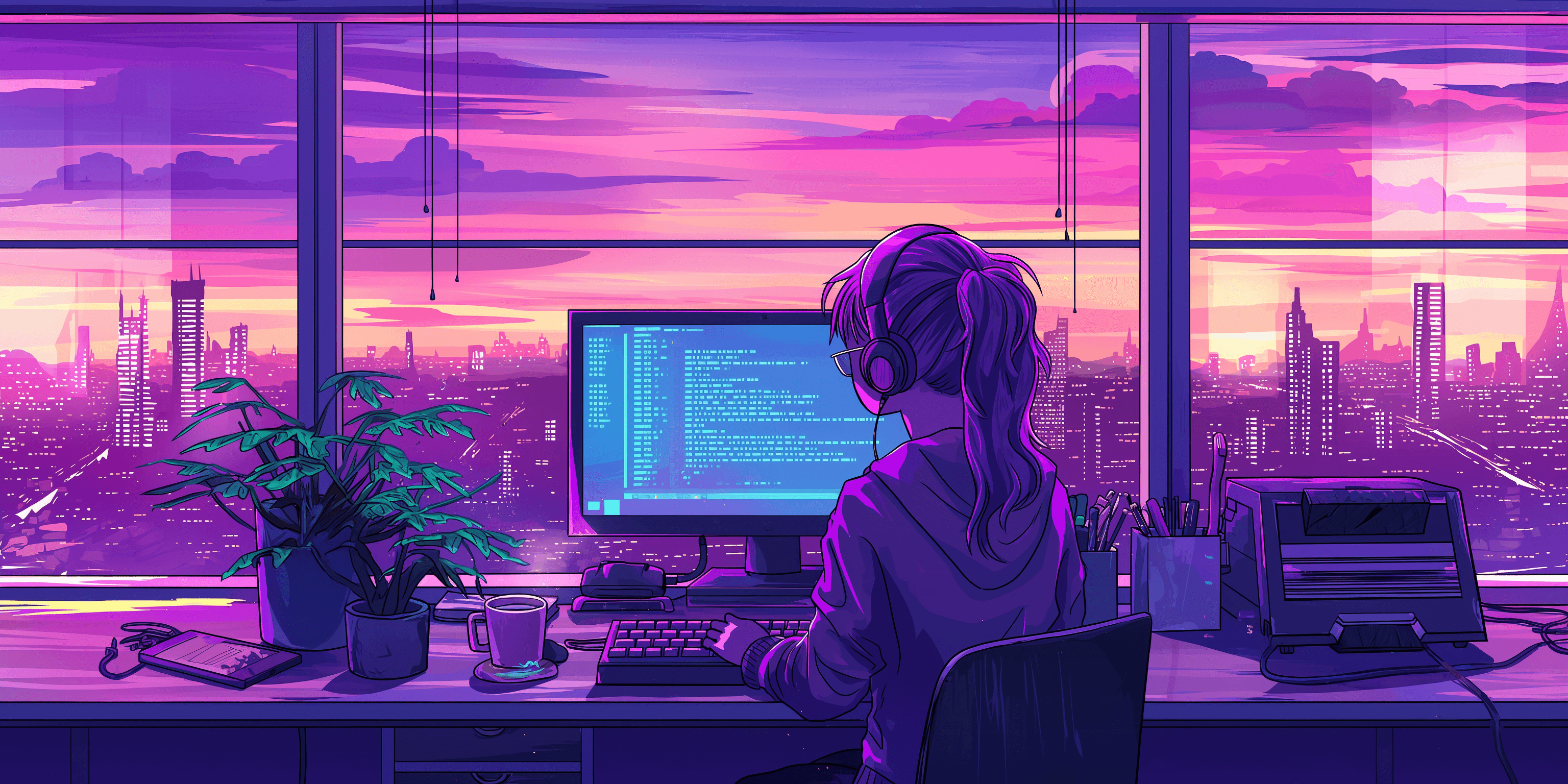 A person coding on a computer in front of a big window with a pink and purple sky outside