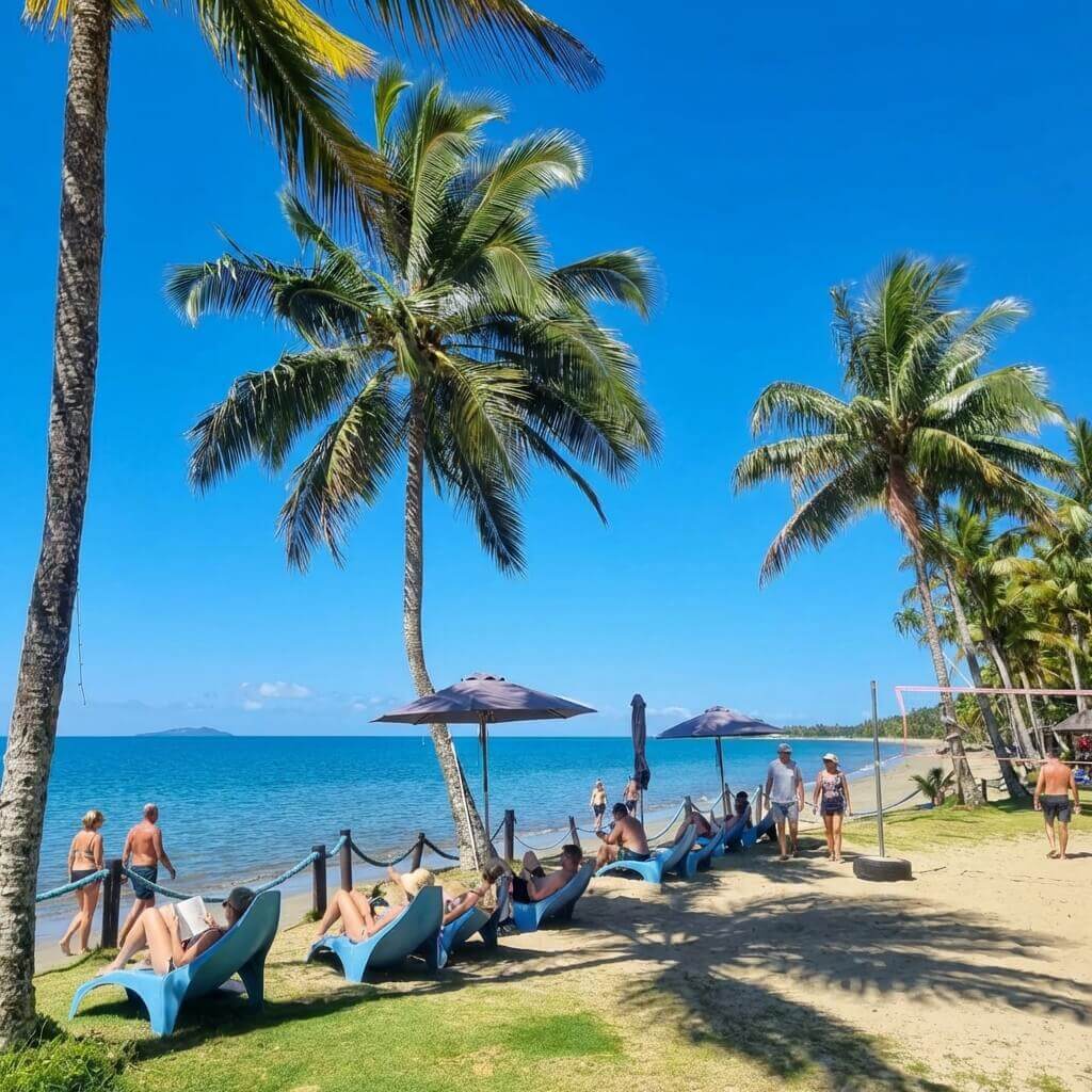 Guest enjoying the sunshine on the Uprising beach front Fiji surrounded by palm trees
