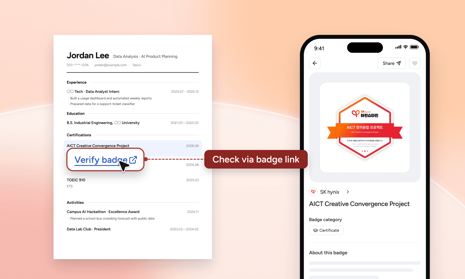 A résumé listing SK hynix's AICT Creative Convergence Project with a badge link, and the Certi badge page that opens from it