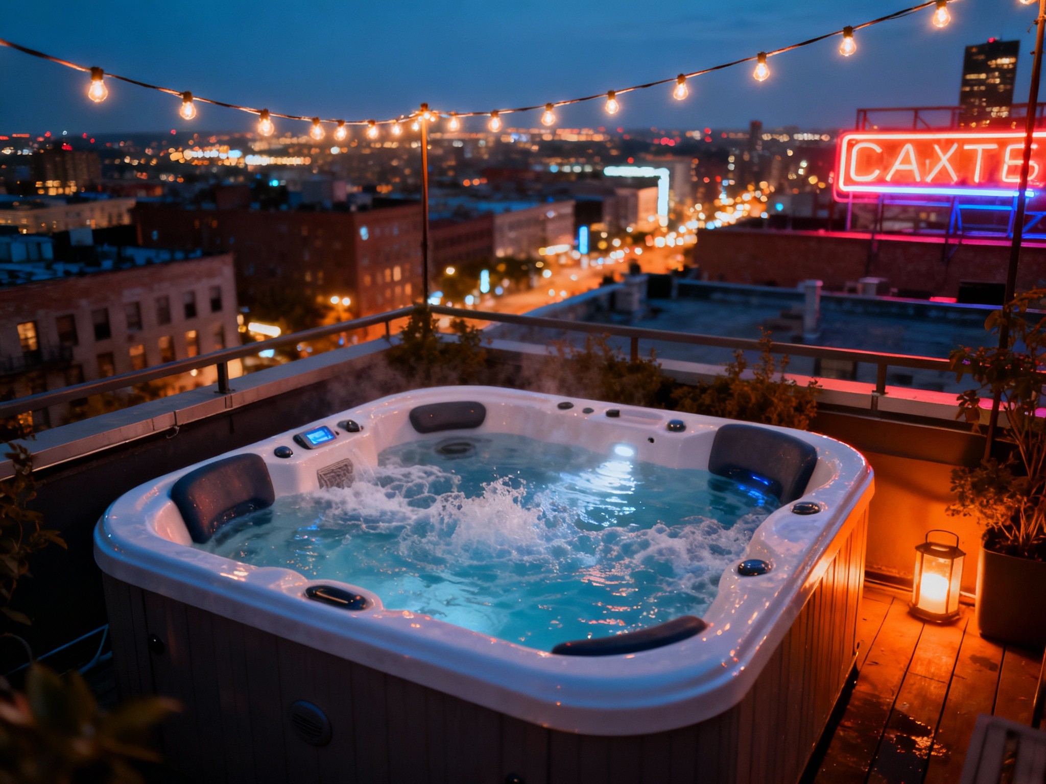 An evening scene in a wide landscape format depicting a cozy 2 person hot tub on a rooftop terrace