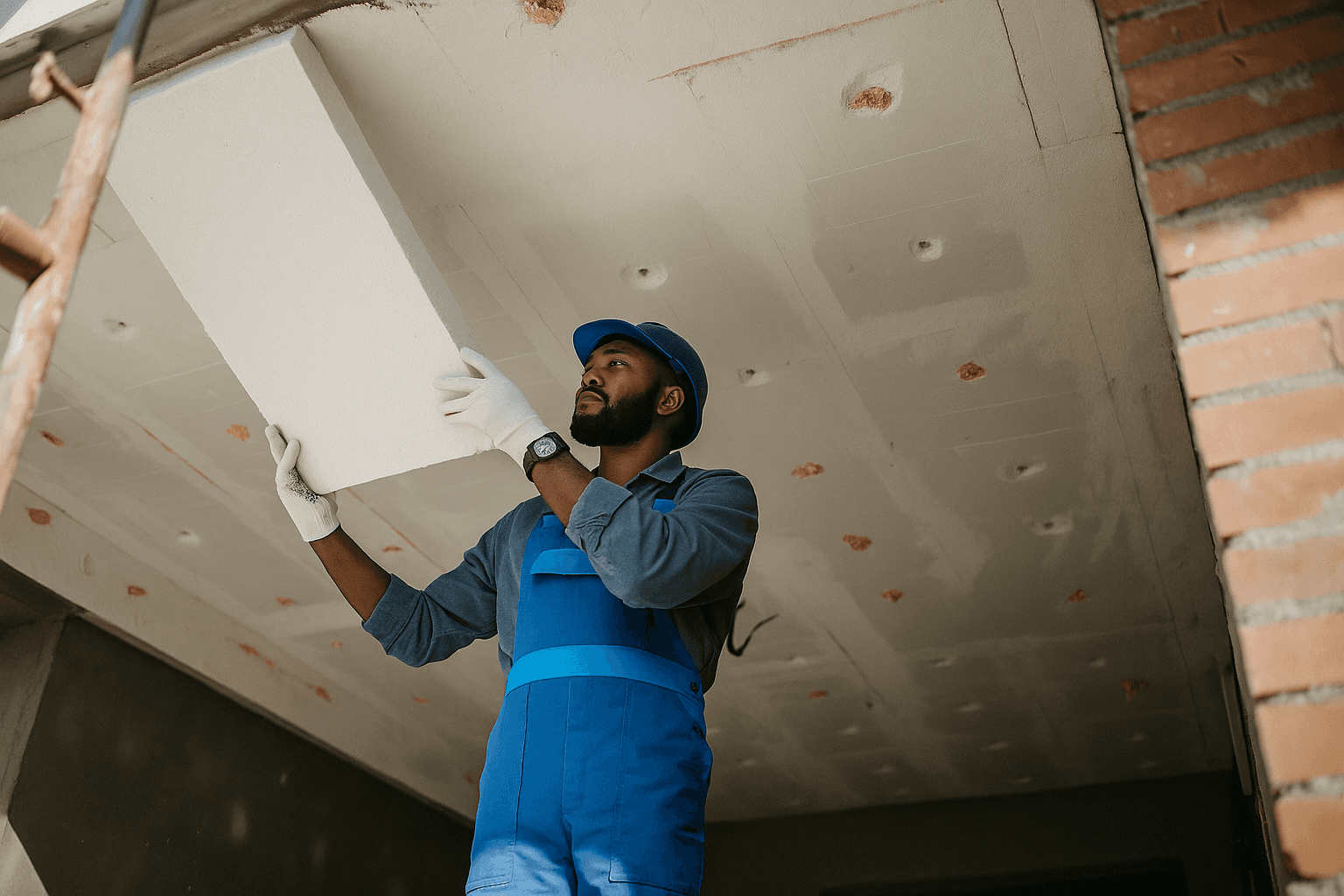 Travailleur en uniforme bleu et casquette, tenant un panneau d'isolation blanc contre le plafond. Une échelle et un mur de briques sont visibles, suggérant une scène de construction.
