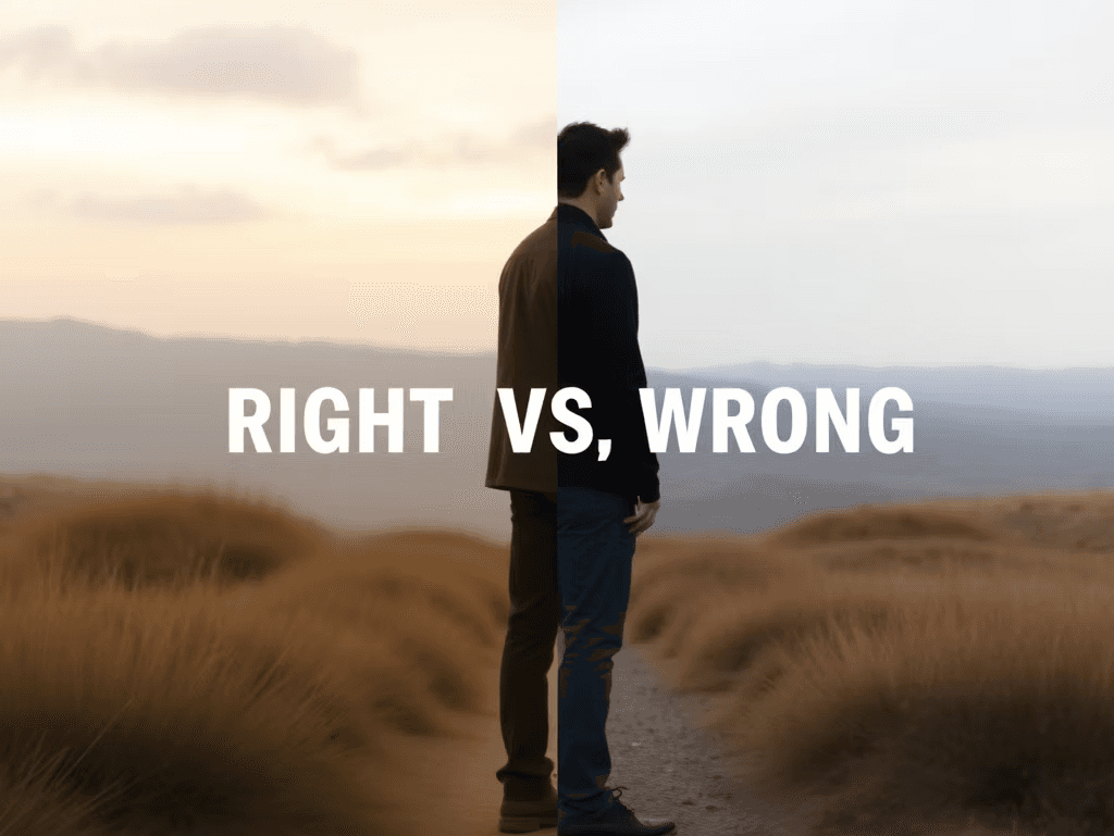 man staring into the distance, with text Right vs Wrong overlaid on top
