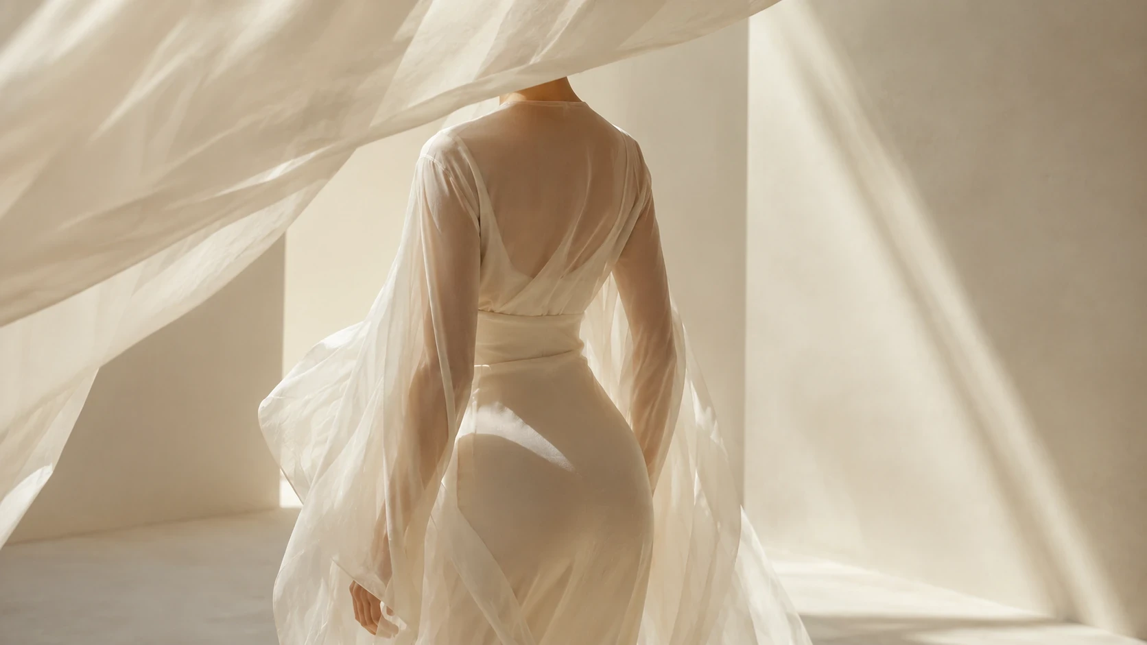 Vista de costas de mulher com vestido bege translúcido esvoaçante