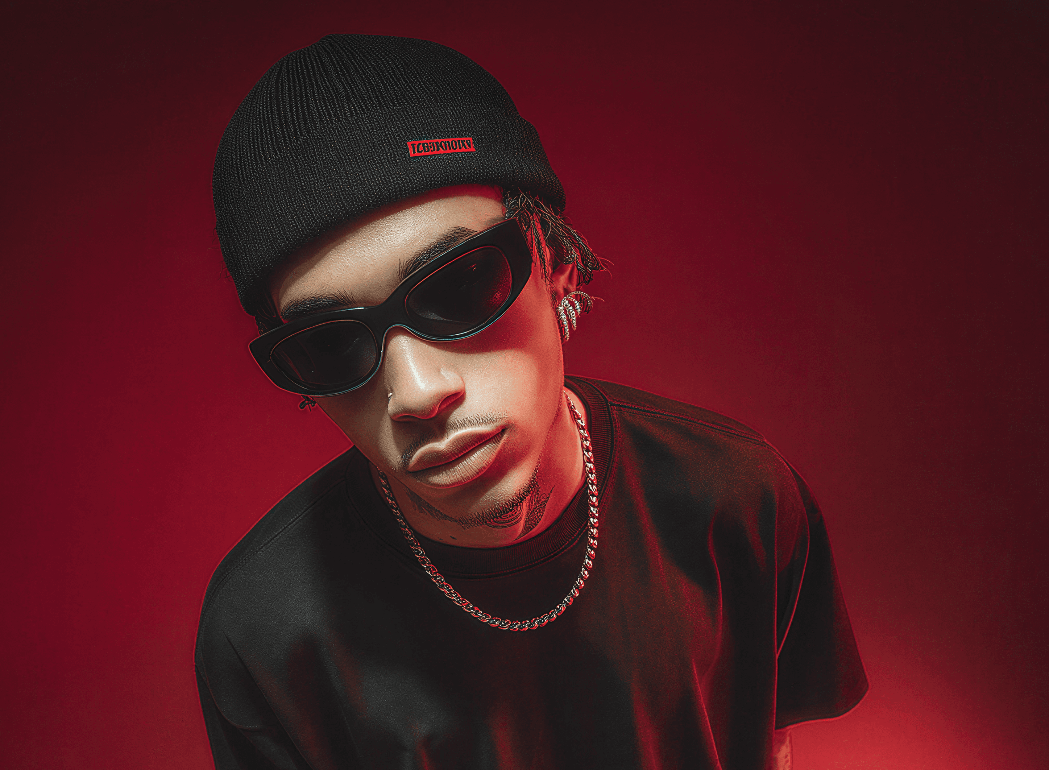 Person in beanie and sunglasses on red background.