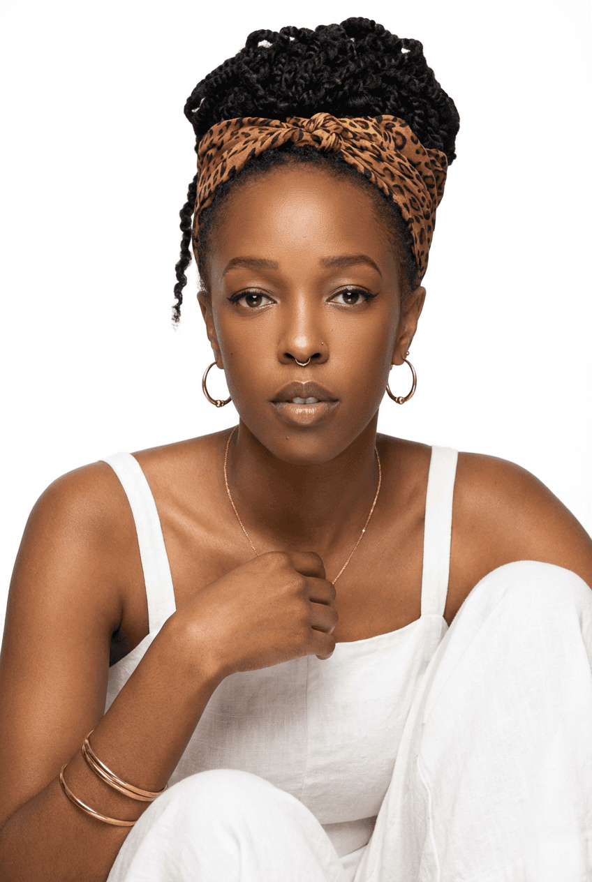 A woman with short curly hair wearing a black t-shirt looks into the camera.