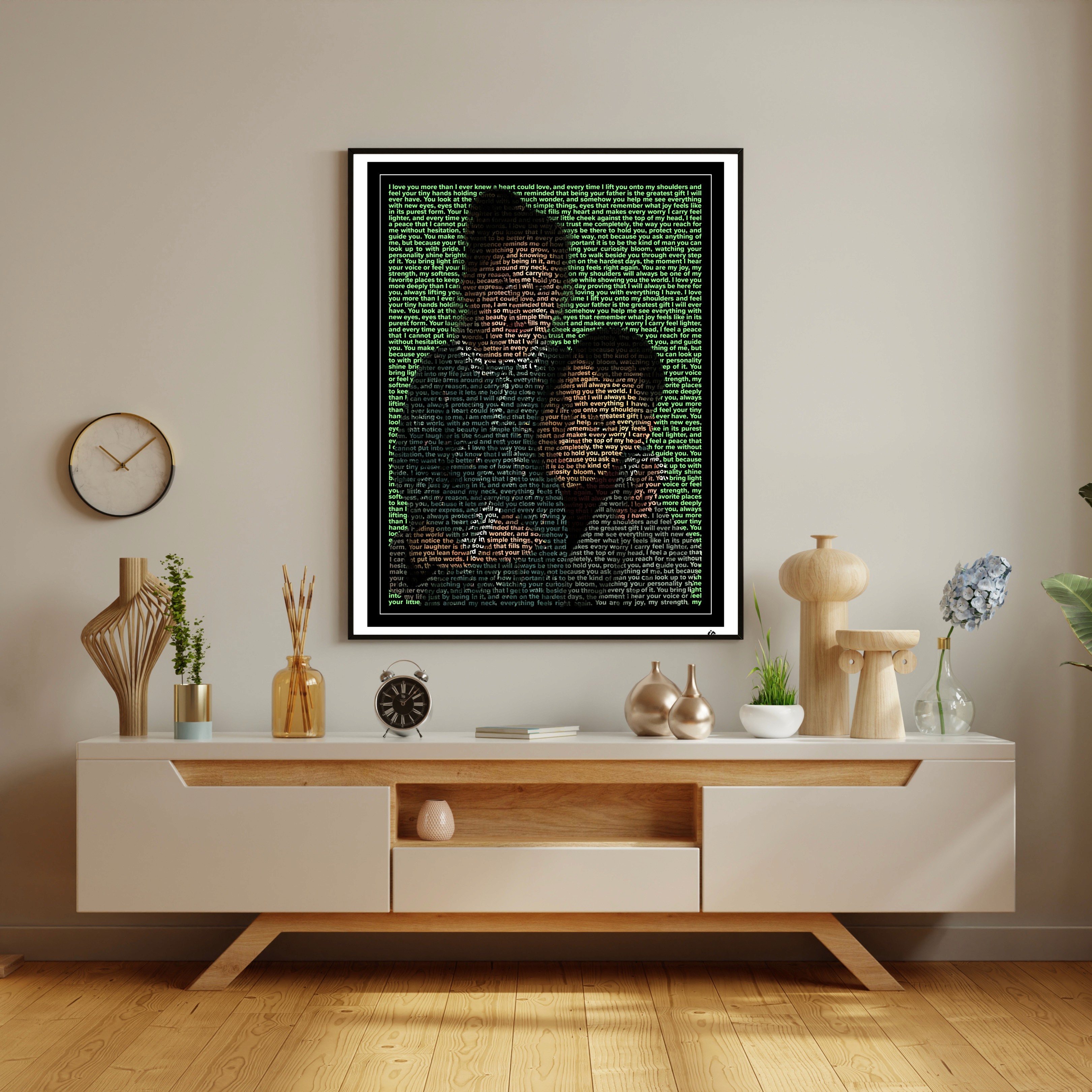 A custom text portrait artwork of a father and his young daughter, created using text with the father carrying her on his shoulder. The image features a white mat border, a clean black inner frame, and a subtle corner logo. This personalized word art design highlights emotional connection, family love, and storytelling through typography, making it a meaningful custom gift, a sentimental keepsake, and a signature U-Go Experience portrait style