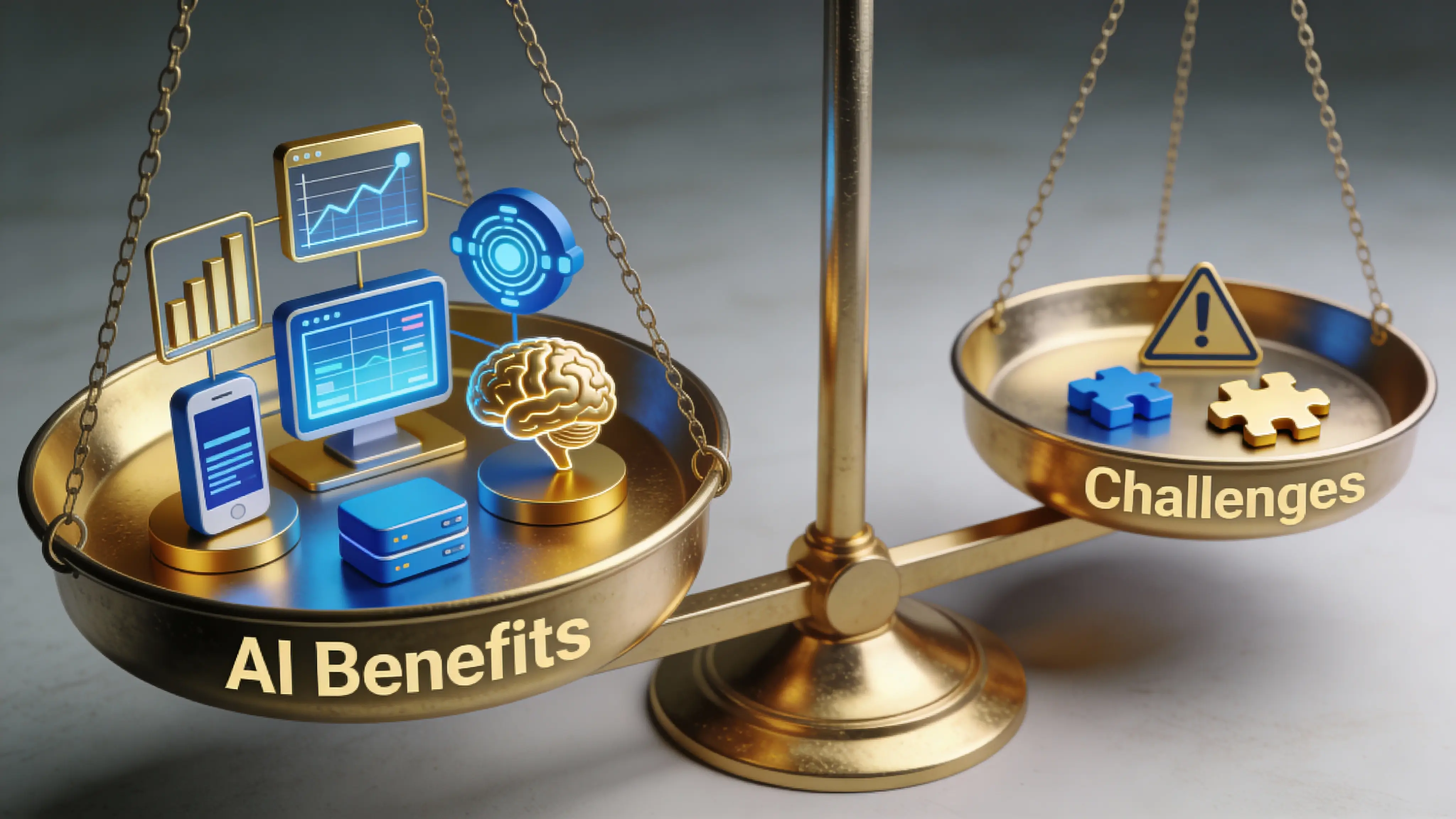 Weegschaal die AI-voordelen en uitdagingen vergelijkt, met iconen voor data, analyse en risico’s.
