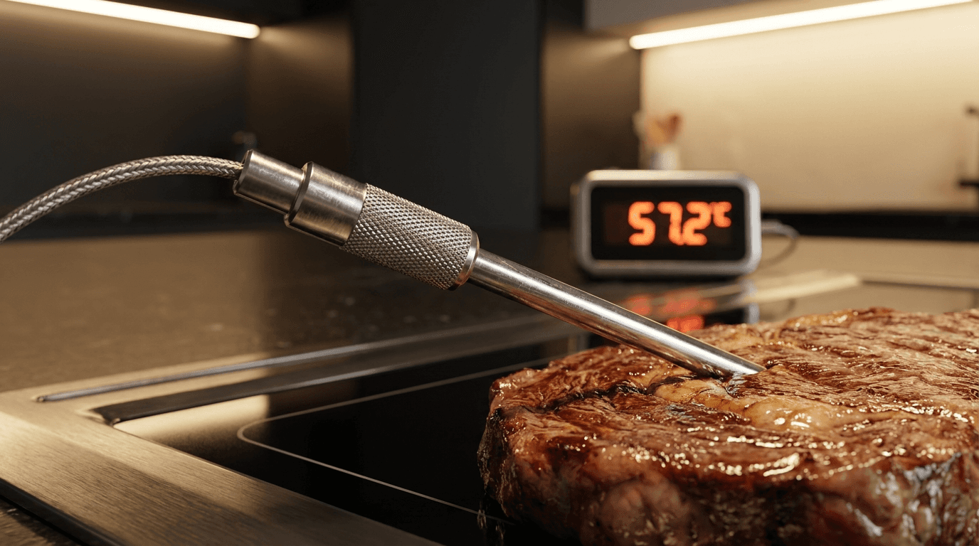 Precision temperature probe monitoring internal meat temperature on smart cooking appliance
