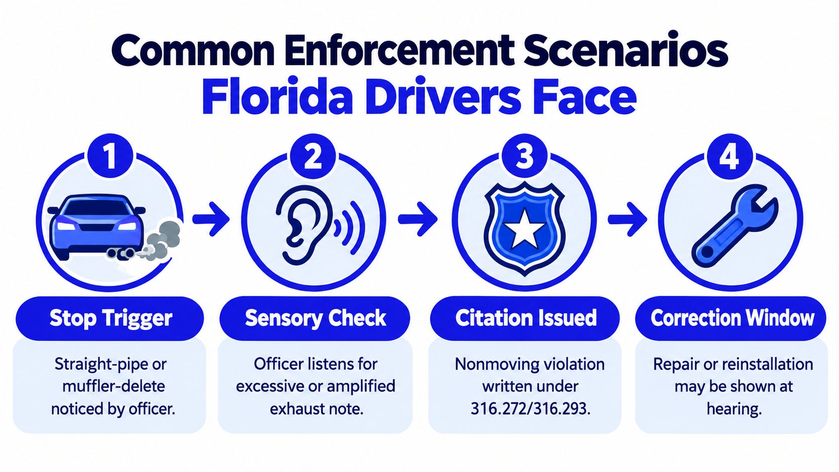A four-step infographic illustrating the enforcement process for Florida muffler and exhaust noise violation citations.