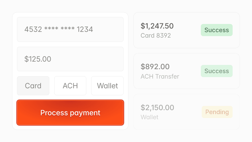 Online payment screen: $125 payment processed with card 4532, successful $1,247.50 card payment, and pending $2,150.00 wallet transaction.